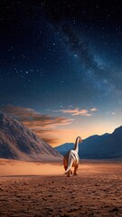 Dinosaur walking in the desert at night, silhouette illuminated by moon, under starry sky.