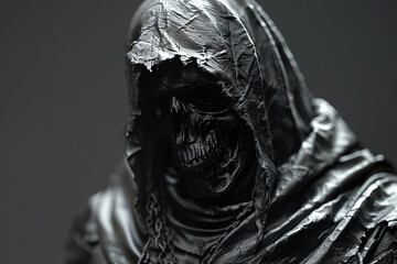 Scary grim reaper with scythe in hell on dark background with dramatic background