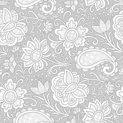 Abstract white flowers, boho style ornament, grey background. Seamless floral pattern-392.