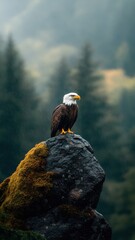Obraz premium Fierce eagle perched on a rocky outcrop in a rain-soaked environment,