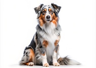 Fototapeta premium * Australian shepherd dog, blue merle, full-body portrait, sitting confidently, gazing directly into the lens, surrounded by crisp white space.