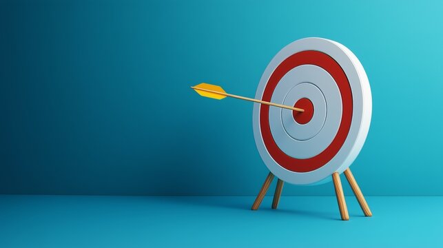 Arrow aim to business target goal hit success center accuracy competition, setting goals correctly concept, target achievement concept, Symbolic goals achievement, success. Blue background.