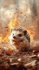 Naklejka premium Dramatic hedgehog navigating through a forest engulfed in flames, with its spiky form contrasting with the intense heat and smoke.