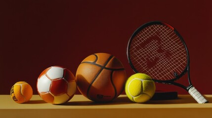A Basketball, Soccer Ball, Tennis Ball and Tennis Racquet