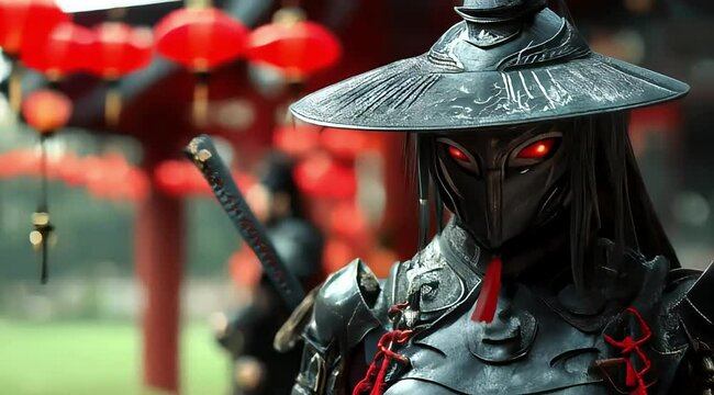 A Chinese female swordsman, clad in black fur armor and an antique hat, wields long katanas with red tassels on the hilts, and wears a mecha mask.