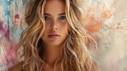 Fototapeta premium Close-up portrait of a beautiful young woman with long blonde hair and blue eyes, against a colorful background.