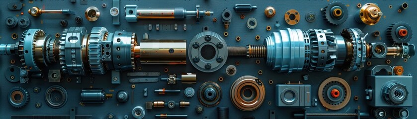 Obraz premium Detailed view of mechanical components and tools arranged for industrial or engineering purposes, emphasizing precision and craftsmanship.