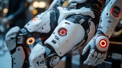 Fototapeta premium AI-enhanced exoskeletons assisting in physical rehabilitation for the injured: Wearable devices using AI to help people regain mobility by adapting to their physical progress.