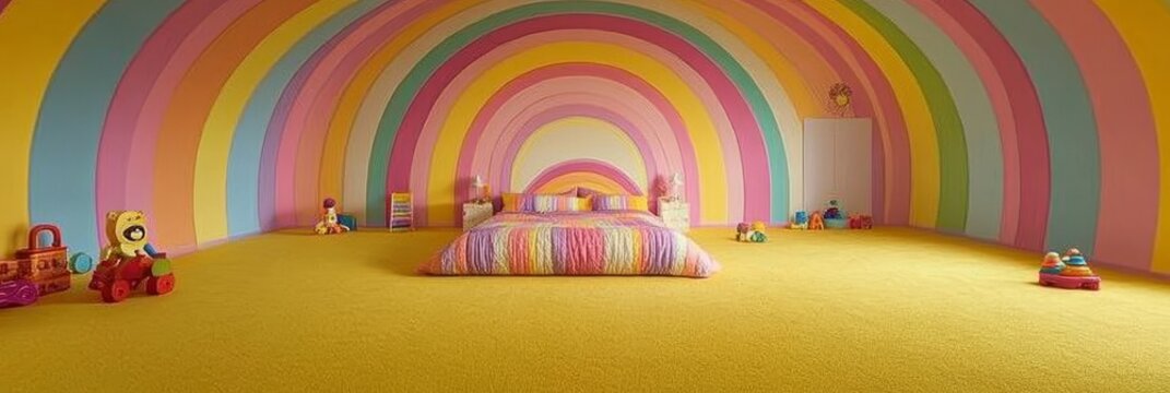 Rainbow Childrens Playroom Interior Design With Colorful Bed, Toys, and Yellow Carpet