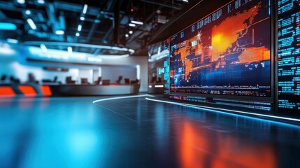 Fototapeta premium A bustling newsroom features large screens presenting real-time news updates and analytics while journalists prepare for live broadcasts