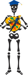 Back to school. Funny Skeleton ready for school with school stationery. Cute character Skeleton Bones.