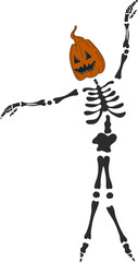 Funny Skeleton with a pumpkin head. Cute character Skeleton Bones.