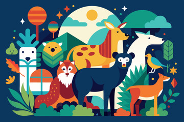 Abstract minimalist wildlife art celebrating world animal day with diverse creatures