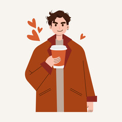 Guy holding a big glass of hot coffee or tea, autumn coziness, guy dressed warmly, smiling or enjoying