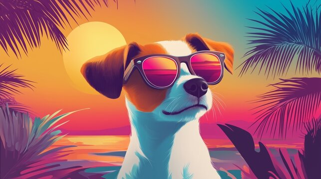 Contemporary artwork. Vector illustration. Little cute dog in drawn sunglasses against surreal beach. Vibrant color scheme. Concept of pets, holidays, positive emotions, rest, summer vacation.