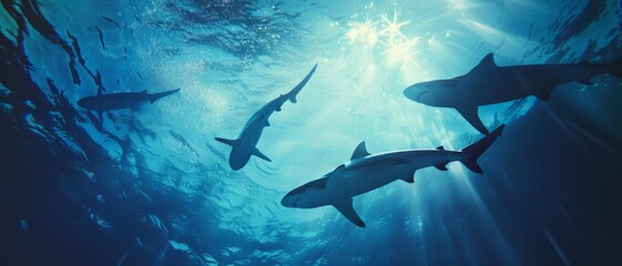 Four sharks swim gracefully under crystal-clear waters, with light rays piercing the surface, creating an awe-inspiring underwater scene.