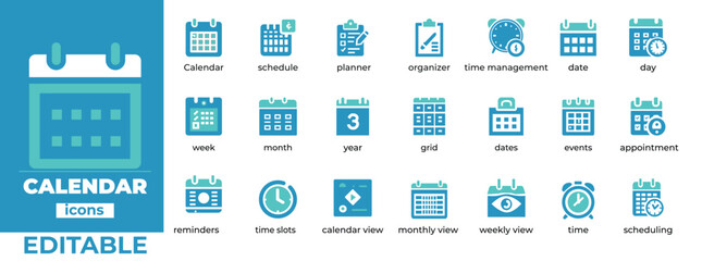 Calendar icons for efficient time management. Organize your schedule, set reminders, and track appointments with these customizable, editable icons