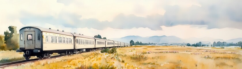 Watercolor painting of a quaint side view of a classic passenger train