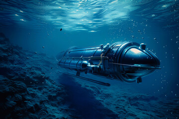 Beautiful large bathyscaphe floating in middle of ocean during exploration