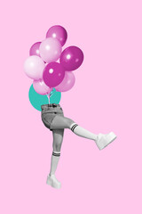 Vertical collage picture woman body legs fragment headless air balloons greeting guest surprise...