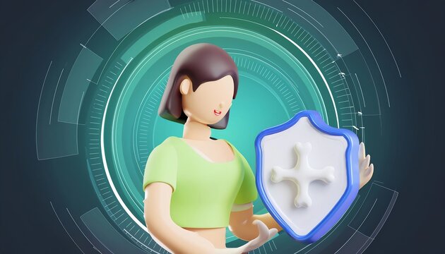 A stylized female figure holds a shield, surrounded by circular digital patterns, representing themes of protection and technology.