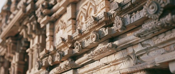 Intricate stone carvings adorn the wall of an ancient building, showcasing exquisite craftsmanship and architectural beauty.