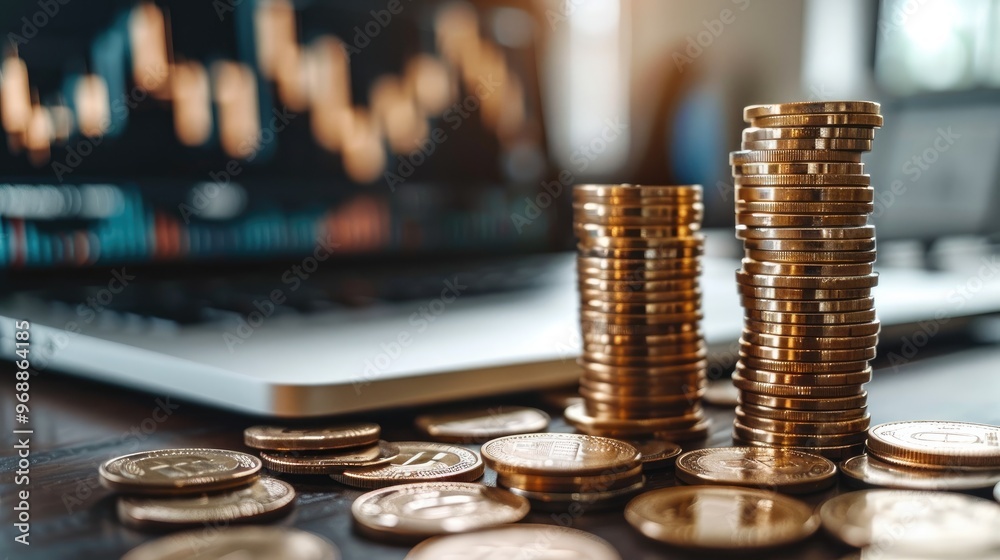 Aufkleber The concept of Return on Investment in a business context. professional desk setup with stacks of coins arranged in ascending order, symbolizing growing profits. Include laptop with financial graphs.