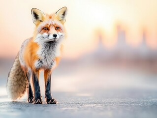 Obraz premium A lone fox, captured in soft watercolor strokes, standing on a city street at dawn, urban skyline silhouetted behind, reflecting curiosity and natures resilience amid concrete