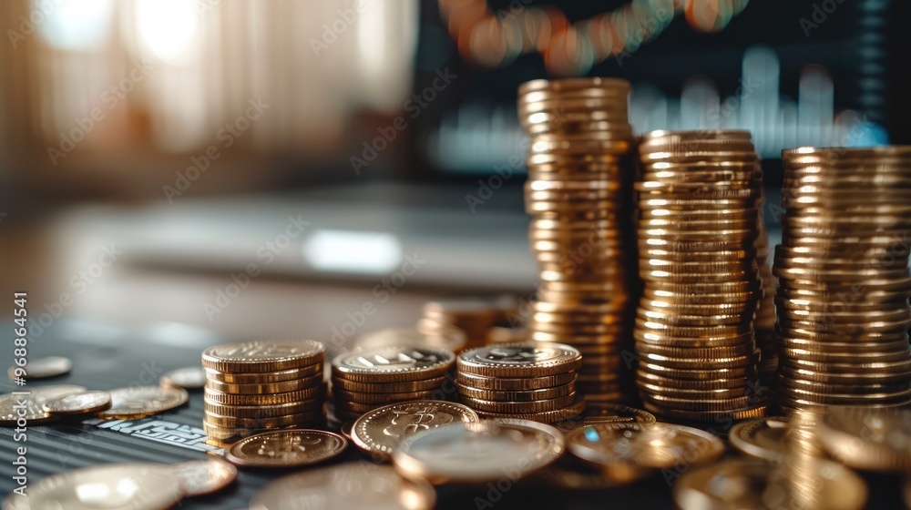 Poster The concept of Return on Investment in a business context. professional desk setup with stacks of coins arranged in ascending order, symbolizing growing profits. Include laptop with financial graphs.