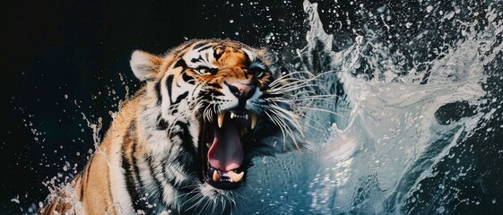 A fierce tiger emerging from splashing water, its roar and powerful presence captured in motion, symbolizing raw strength and dominance.