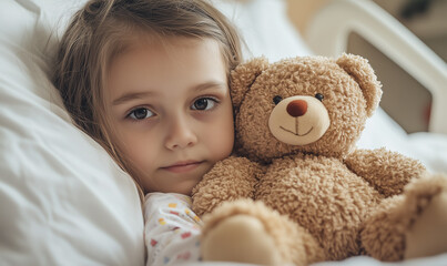 A little girl is a hospital patient and is lying in her bed with her teddy bear and looking at the camera with a sad face. Overcoming cancer and chronic diseases.