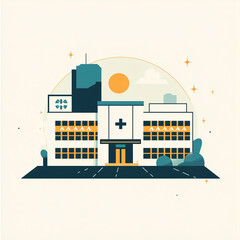 Illustration of a hospital. Minimalist and modern graphic design on white background. Copy space for banner.