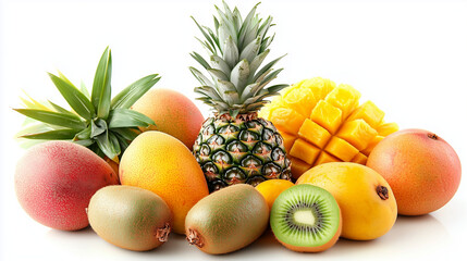 A vibrant assortment of tropical fruits including pineapple, mango, and kiwi, isolated on a clean white background