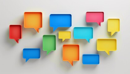 A collection of colorful speech bubbles on a neutral background, symbolizing communication, dialogue, and social media