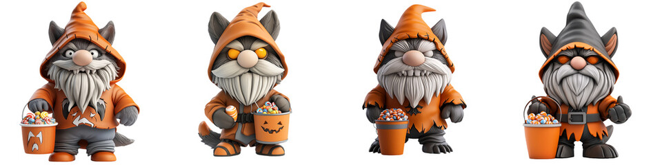 Colorful gnome characters in Halloween attire, perfect for festive decor and playful illustrations.