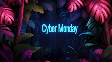 Cyber Monday background, enchanted forest with neon-lit trees and digital creatures, 3D illustration