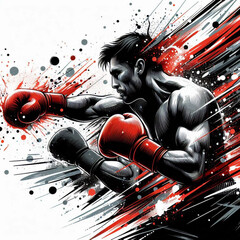 Powerful boxer in action with explosive dynamic art splashes

