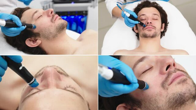 Video collage. A man undergoes hydrofacial vacuum facial cleansing, rejuvenation, moisturizing facial procedure in a beauty clinic. Beauty and youth concept