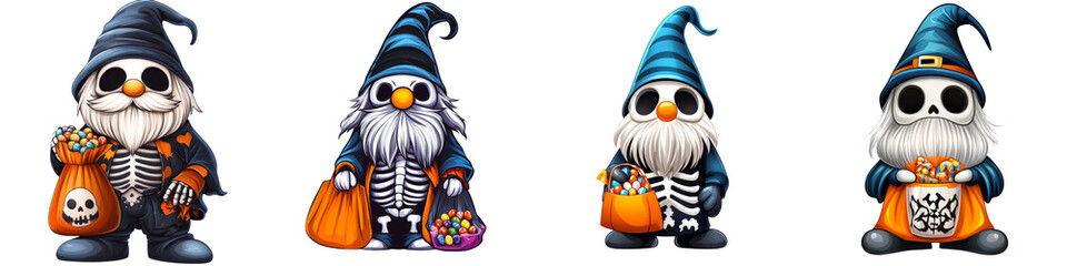 Colorful Halloween gnomes in costumes, holding bags of treats. Perfect for festive decorations and party invitations.