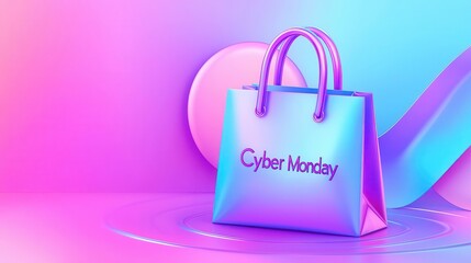 Cyber Monday sale, holographic shopping bag with sale text, 3D illustration