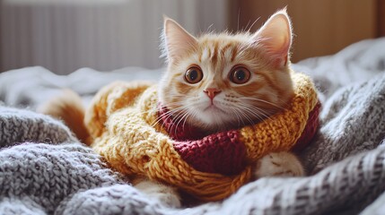 Obraz premium cute cat wearing a knitted scarf is playing on the blanket.