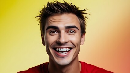  A vibrant headshot of a young man with a joyful expression, set against a bright, solid yellow background, his face radiating energy and positivity in clean, sharp focus