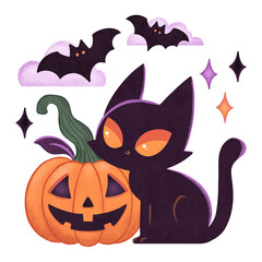 Halloween holiday composition with black cat, bats and pumpkin, print for T-shirt, card