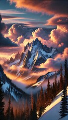 Mountain peak surrounded by dramatic clouds at sunset