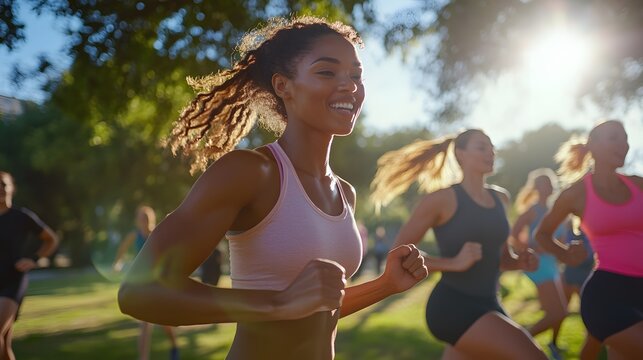 58. A diverse group of individuals enjoying a fitness event in a sunny park