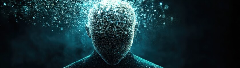 Futuristic Digital Human Head with Glowing Particles and Abstract Technology Background