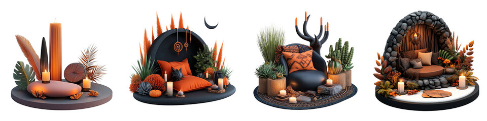 Cozy and inviting candle displays with diverse decor elements, perfect for autumn or cozy ambiance.