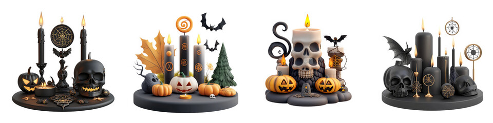 Decorative Halloween candle displays featuring skulls, pumpkins, and eerie decor for a spooky atmosphere.