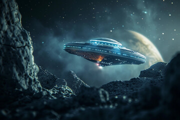 Obraz premium Iron oval UFO saucer hovering over beautiful landscape in dramatic sky