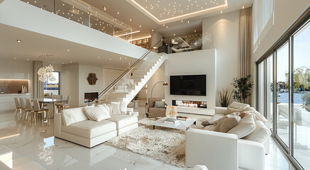 White living room with double floors and large windows. Include plush sofa, a dining area, marble tile floors, the staircase can be glass bars and lit up. the ceiling made up of little stars.